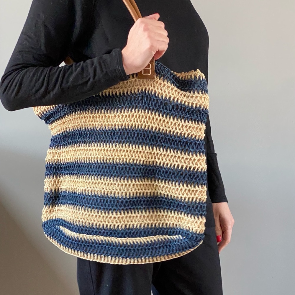 Straw Studios Navy and Natural Striped Crochet Shoulder Tote